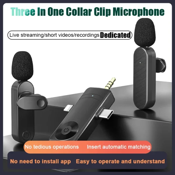 3 In 1 Wireless Lavalier Microphone Plug And Play Intelligent Noise Reduction Mini Mic For iPhone Android Live Broadcast – Image 2